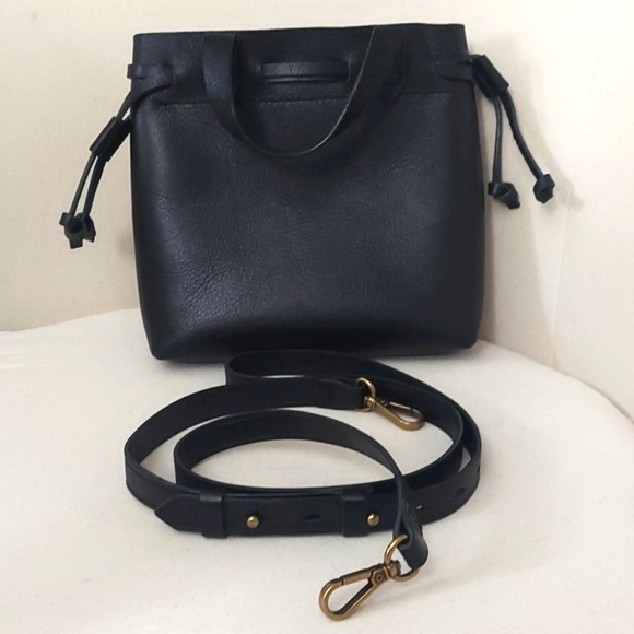 Madewell Small Drawstring Transport Black Leather Bucket Crossbody Tote Bag - Picture 13 of 15
